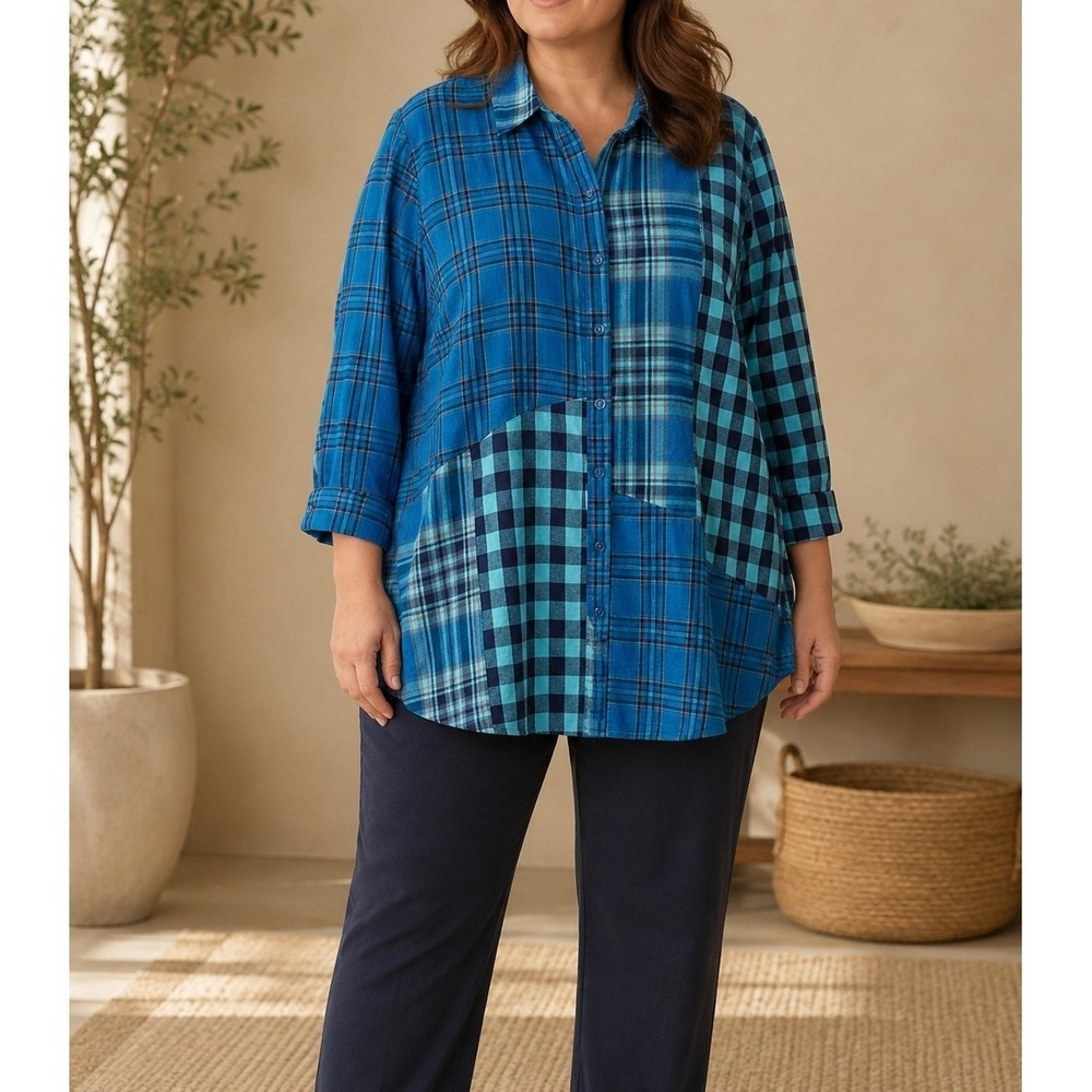 Coldwater Creek Womens 2X Blue Plaid Mixed Print Patchwork Button Front Tunic
